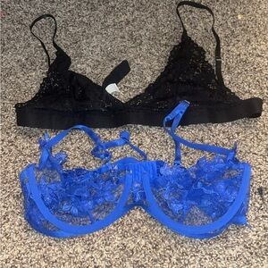 Lace Bralette & Sheer Underwire Bra Set - Black and Royal Blue